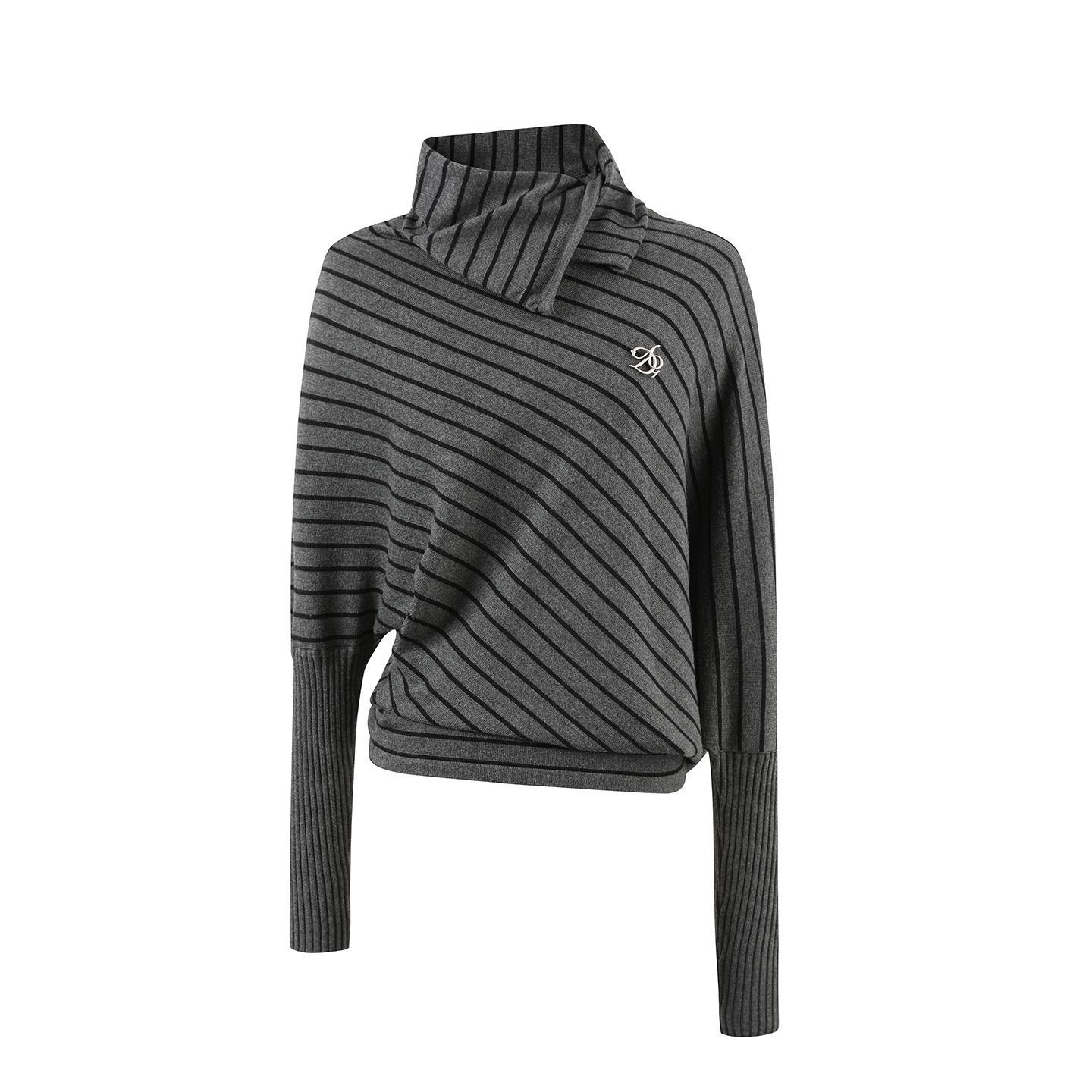 條紋蝙蝠袖針織上衣 高翻領/可翻折 寬鬆慵懶 顯瘦有復古感