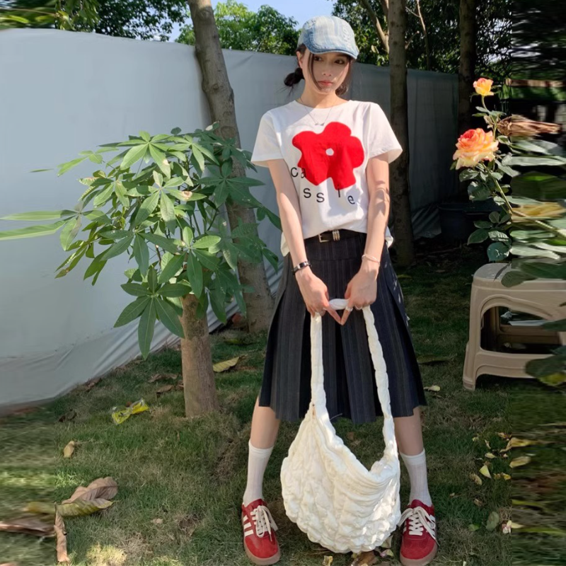 純棉紅花印花T恤 白色短袖 韓系甜美 顯年輕 夏季百搭