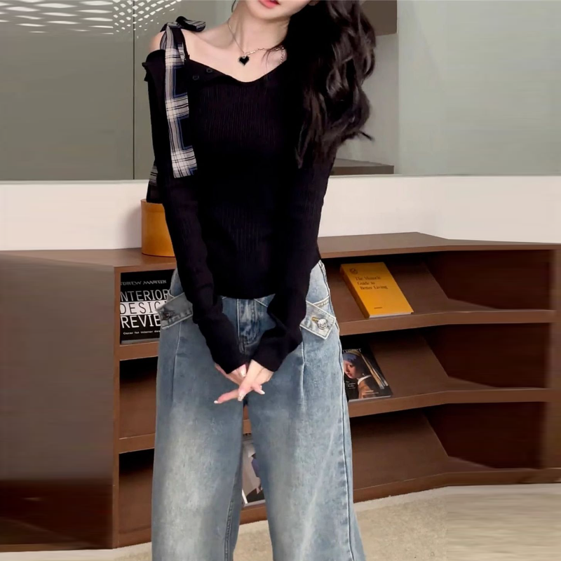 溫柔法式綁帶 斜肩一字領修身針織上衣 早秋顯瘦長袖內搭T恤