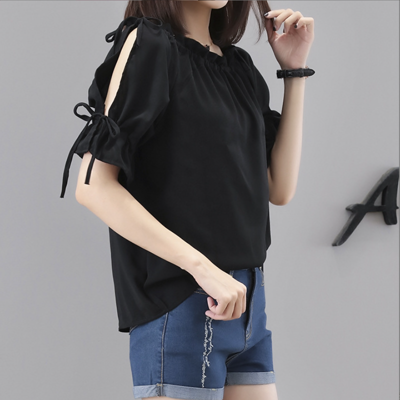 韓版繫帶鏤空寬鬆雪紡衫