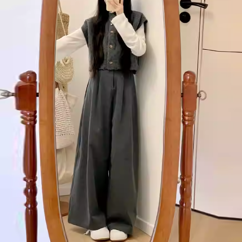 【單品可選】韓系復古風寬鬆短版針織背心毛衣+長袖上衣+超顯瘦寬褲三件套