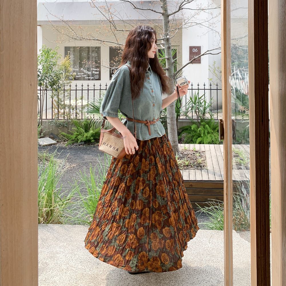 復古兩件式套裝 短袖牛仔襯衫＋碎花中長裙 成套穿搭