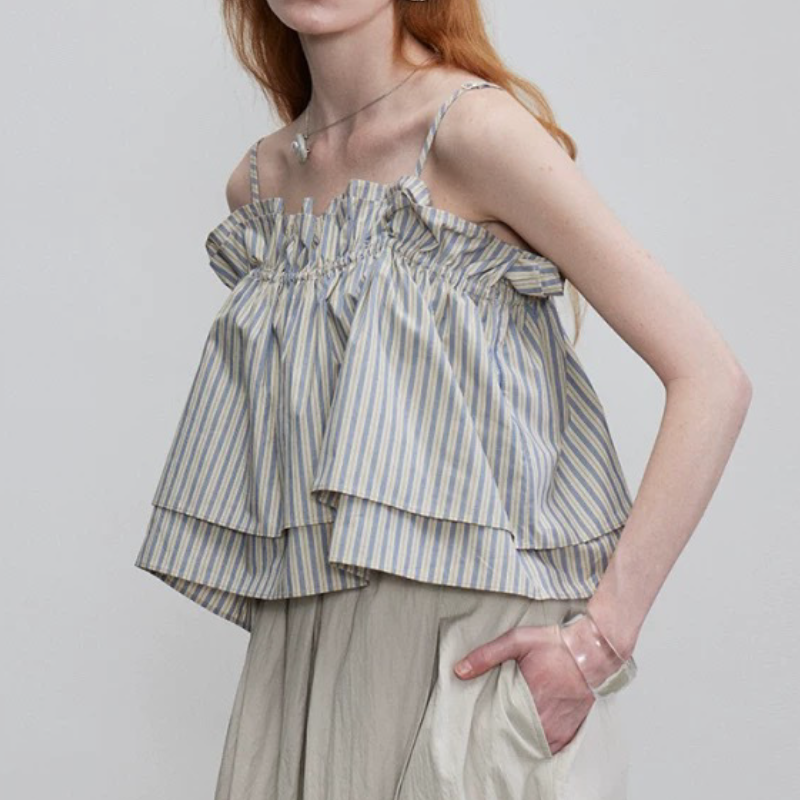 小眾度假風荷葉邊吊帶背心 不對稱開衩半身裙 棉感花苞設計 郁金香大擺中長裙