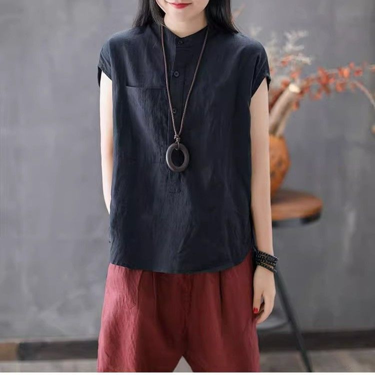 夏季棉麻無袖上衣｜文青風立領素色寬版襯衫 大尺碼百搭款