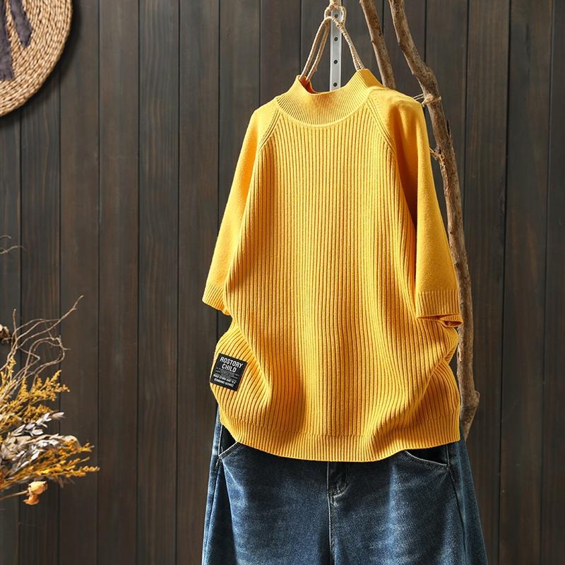 優雅韓版簡約多色半高領五分袖針織衫