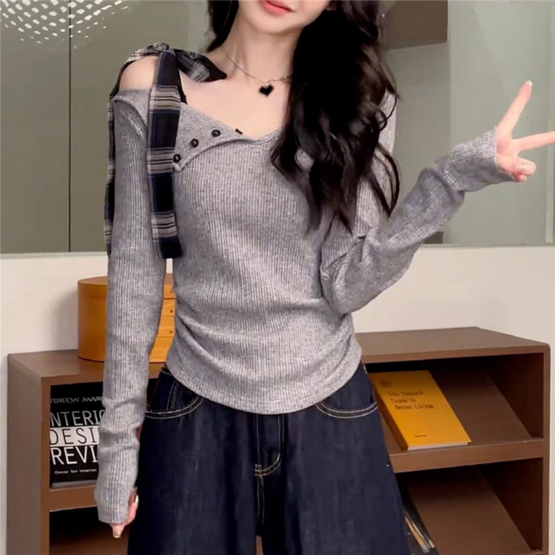 溫柔法式綁帶 斜肩一字領修身針織上衣 早秋顯瘦長袖內搭T恤