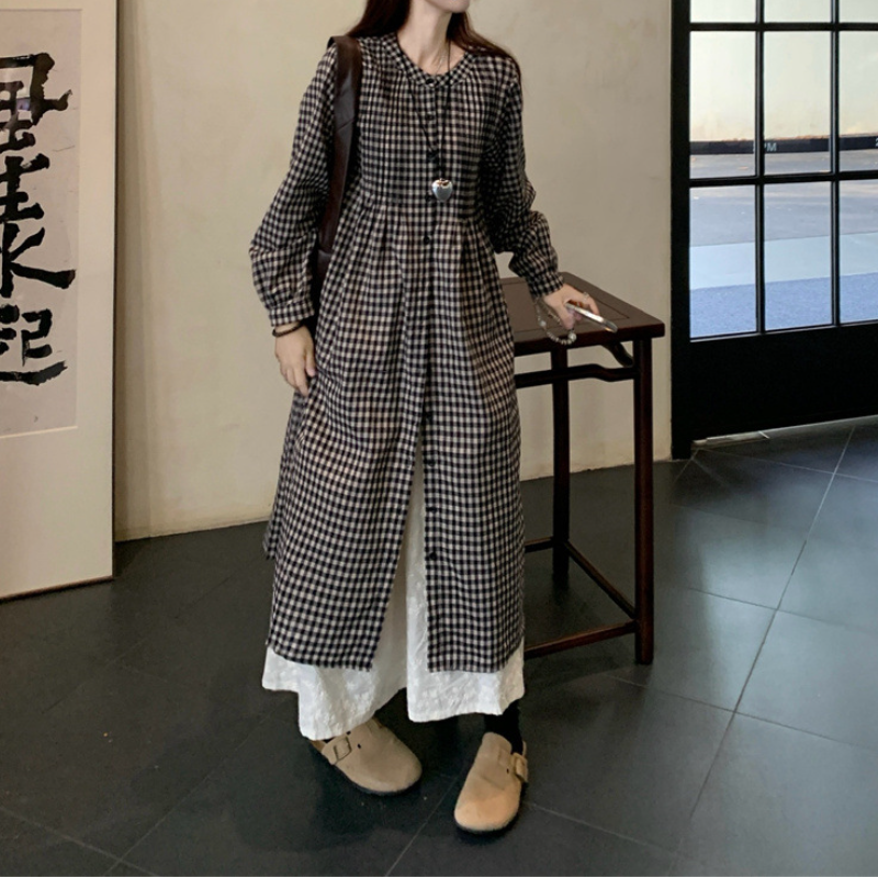 日系復古格紋襯衫洋裝 長袖寬鬆 可層次穿搭 慵懶風（嬌小友善）