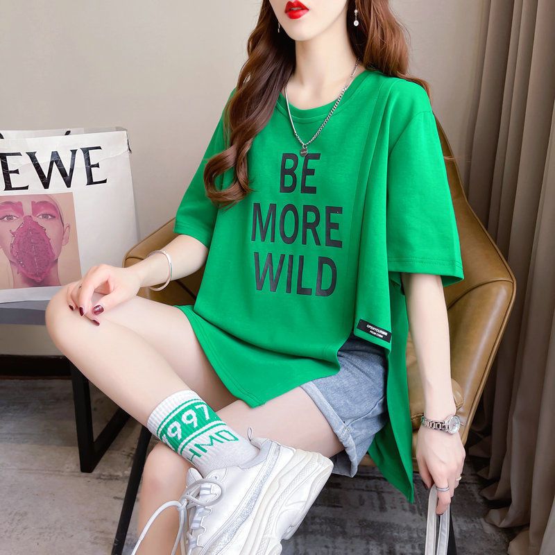 大尺碼字母不對稱開衩短袖T恤 棉花糖女孩寬鬆顯瘦上衣