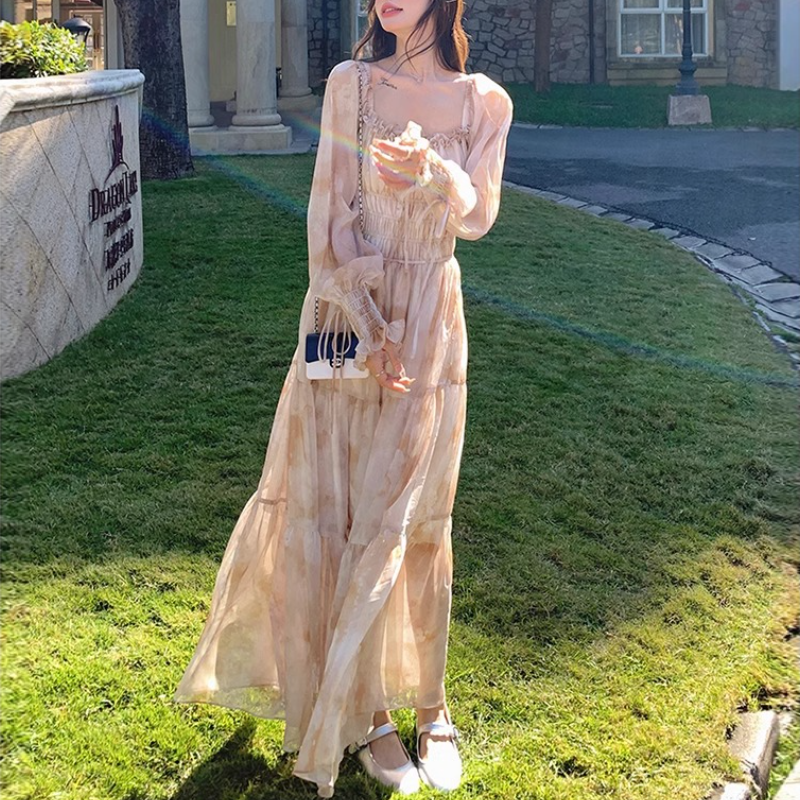 飄逸雪紡法式方領泡泡袖長洋 碎花初戀風顯瘦雪紡裙