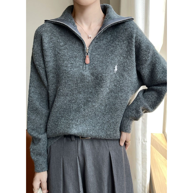 拉鏈翻領針織上衣 寬鬆設計 秋冬必備