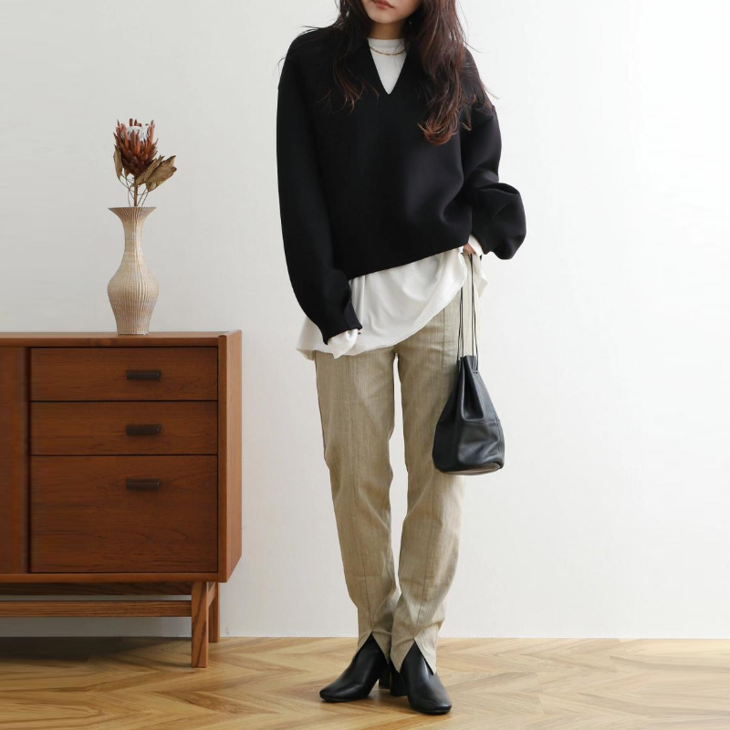 3色樂天日系寬鬆V領燈籠袖上衣-秋冬時尚百搭外套