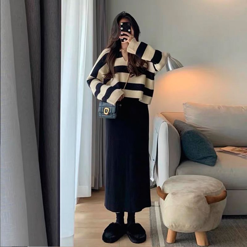 韓系兩件式套裝 條紋POLO領針織上衣＋長版背心洋裝 春秋新款 成套穿搭