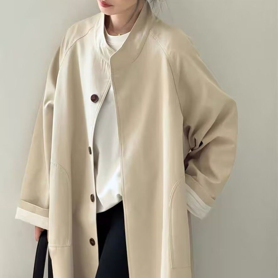 立領中長版風衣外套 英倫感 高級質感 寬鬆剪裁 春秋休閒百搭