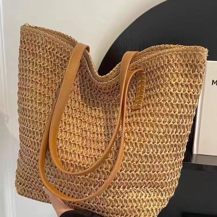 自然編織草編托特包 大容量海邊度假肩背包