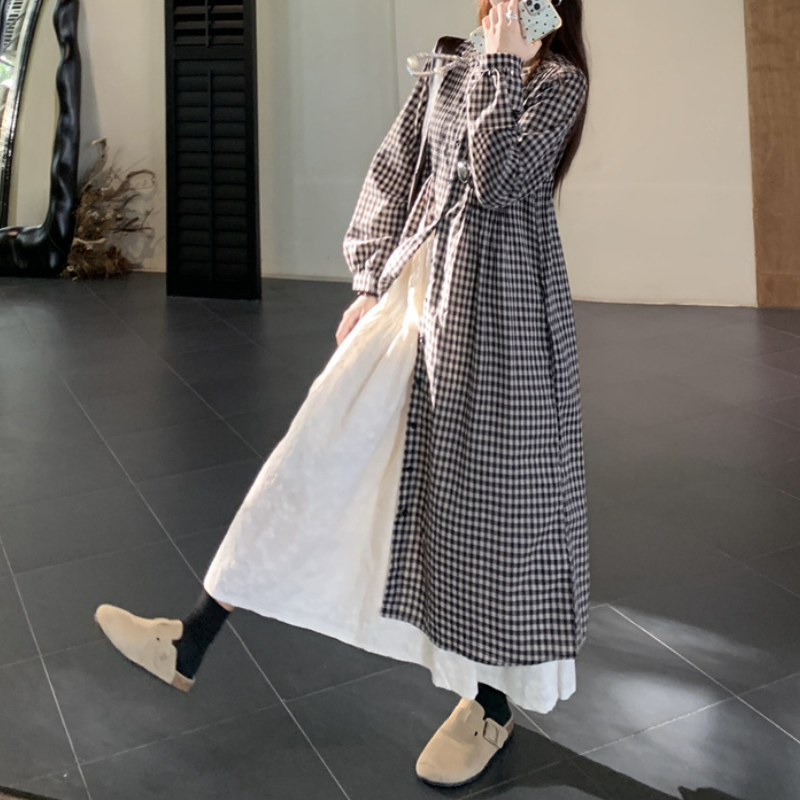 日系復古格紋襯衫洋裝 長袖寬鬆 可層次穿搭 慵懶風（嬌小友善）