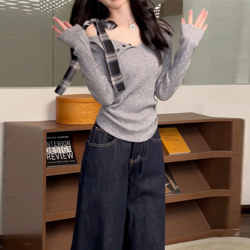 溫柔法式綁帶 斜肩一字領修身針織上衣 早秋顯瘦長袖內搭T恤