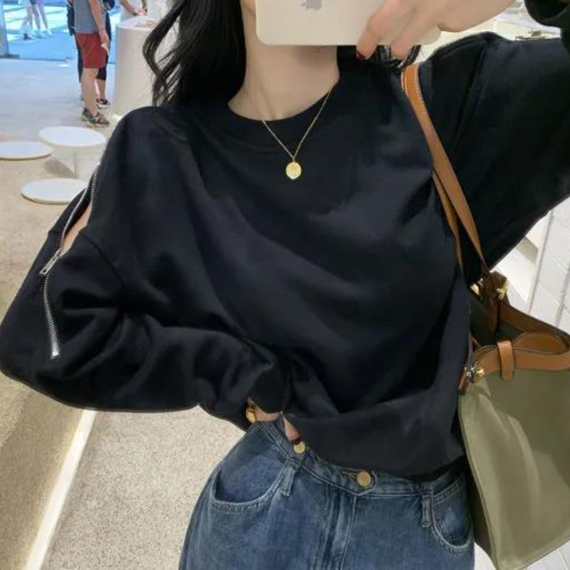 拉鍊露肩大學T 春秋新款 寬鬆顯瘦 長袖圓領