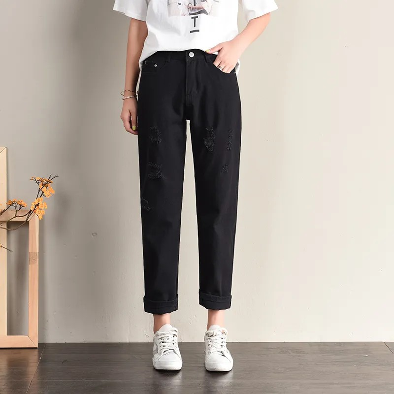 潮流韓妞 高人氣時尚寬鬆破洞顯瘦高腰哈倫九分牛仔褲