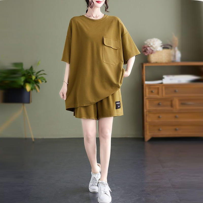 大尺碼素色短袖短褲兩件套 寬鬆顯瘦休閒家居套裝