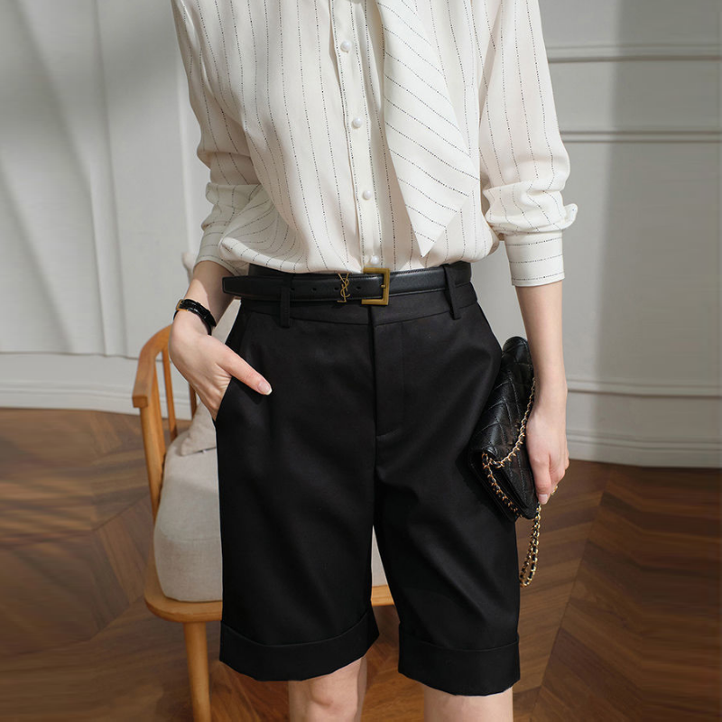 (送腰帶)韓版西裝短褲 高腰顯瘦直筒褲休閒五分褲