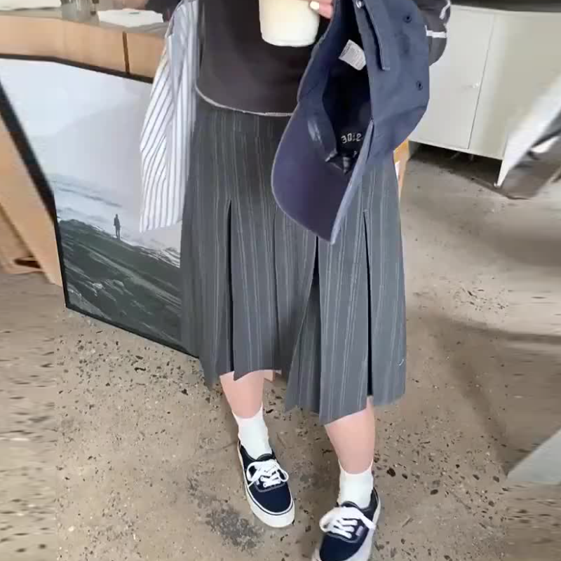 條紋百褶A字裙 高腰顯瘦 中長裙 韓系百搭
