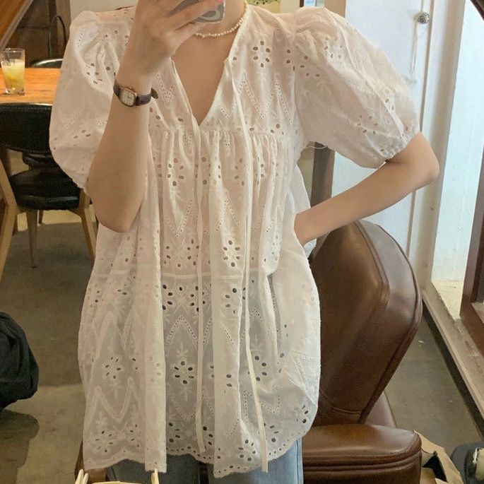 法式氧感蕾絲刺繡上衣 泡泡袖鏤空薄款短袖襯衫