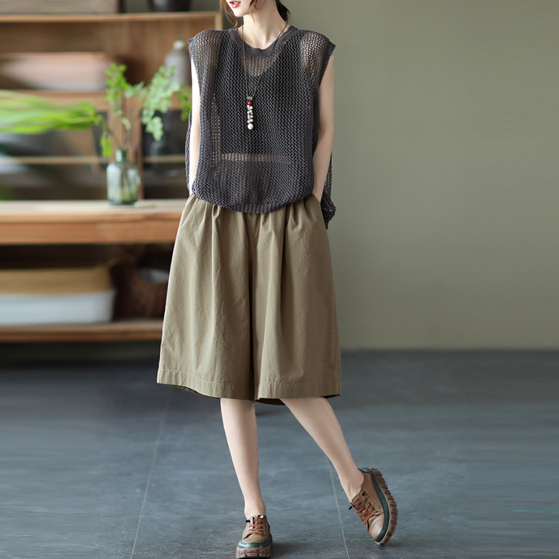 純棉寬版中長褲 鬆緊腰設計 文青休閒風