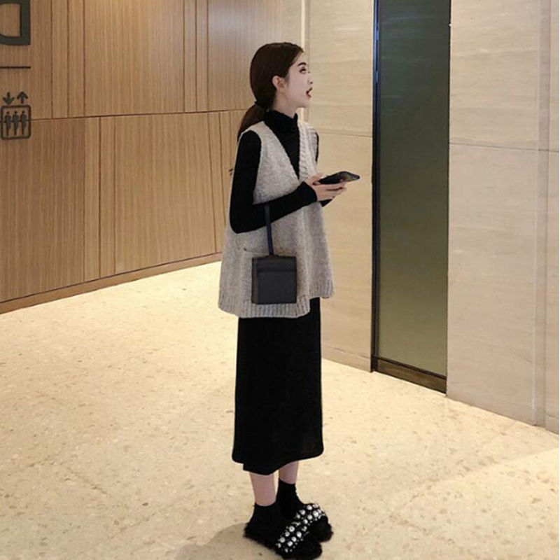 優雅秋裝組合針織背心+半高領連身裙套裝