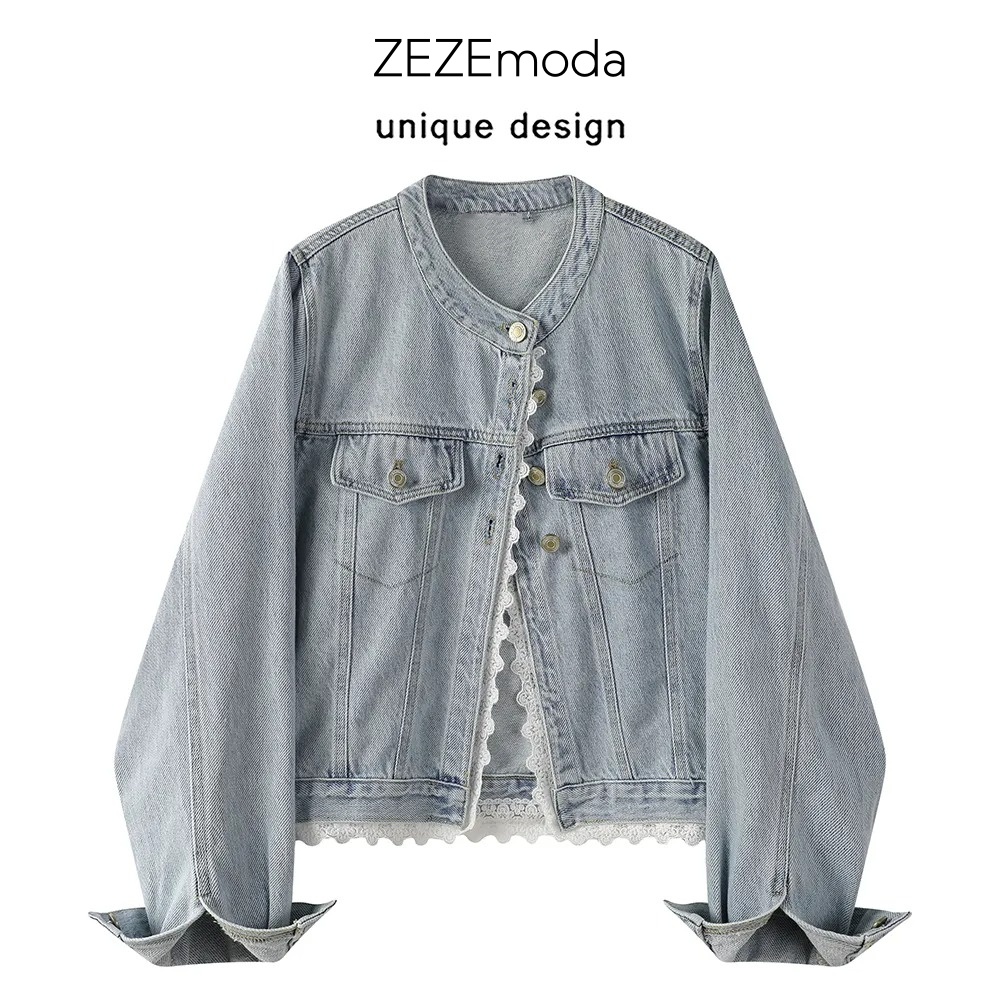 蕾絲花邊拼接牛仔外套 復古水洗短版 韓系休閒款