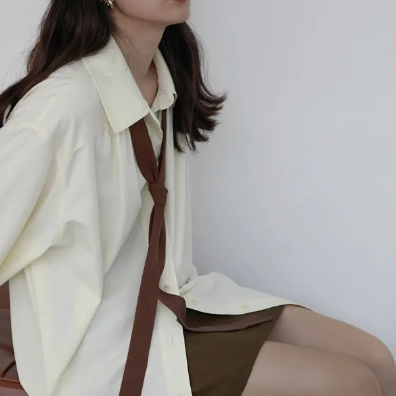 韓國春夏慵懶風寬鬆版型襯衫 小眾領帶設計（配領帶）