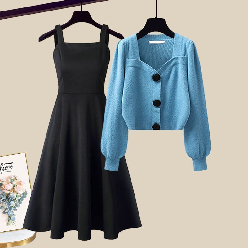 日系風格兩件式套裝 高質感無袖連身裙+針織外套 早秋氣質穿搭