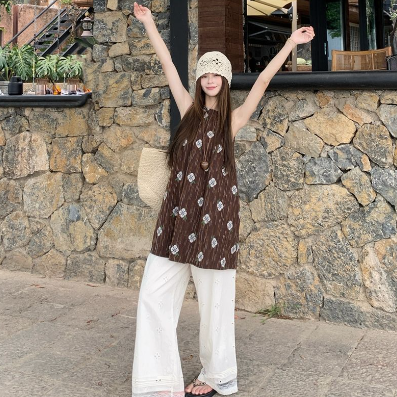 棕色印花無袖上衣 掛脖設計寬鬆剪裁 文青復古風