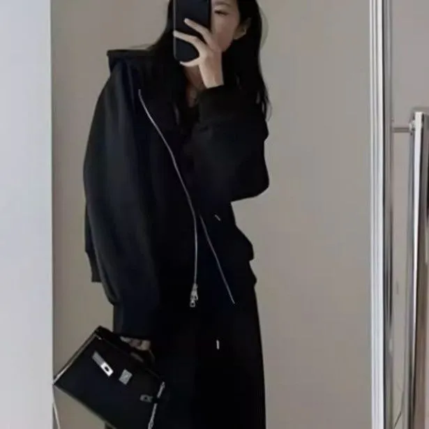 韓系·運動休閒套裝-連帽外套 鬆緊腰寬褲兩件組 簡約高級感穿搭