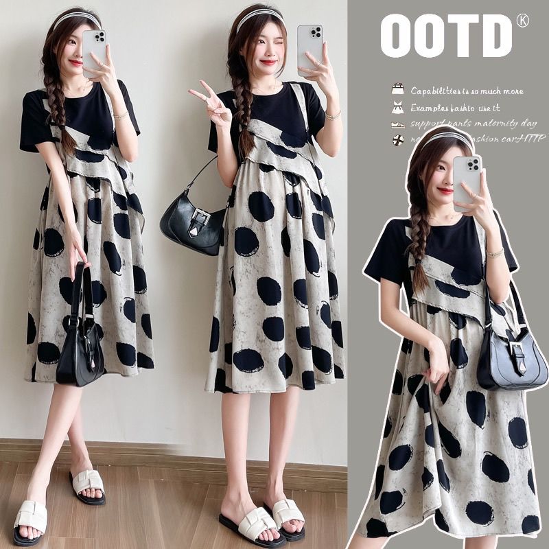 波點拼接假兩件短袖洋裝 寬鬆造型款