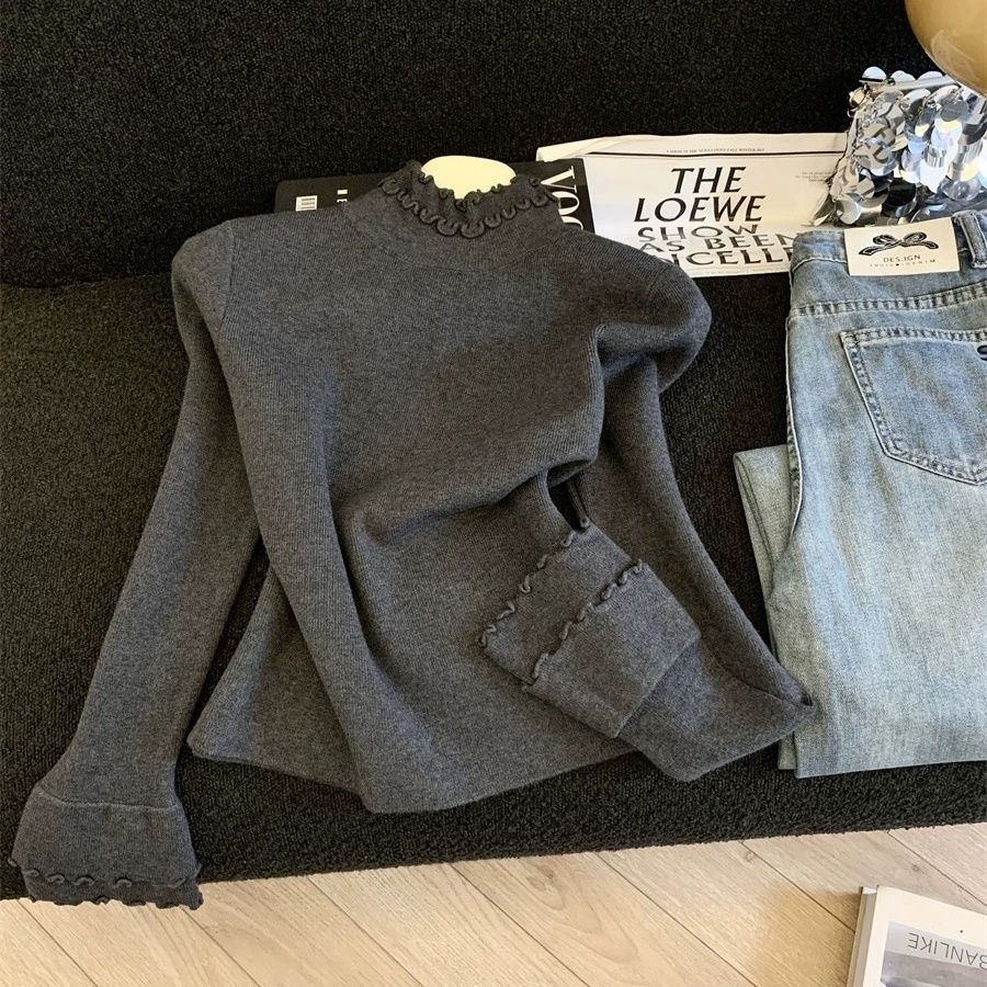 木耳邊半高領針織上衣 素色百搭設計 秋冬修身毛衣