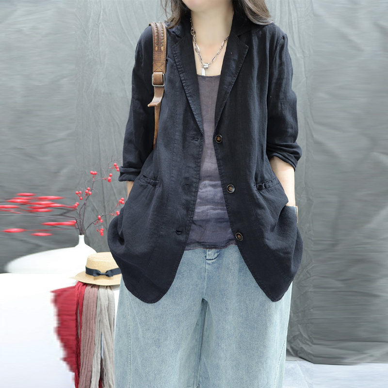 棉麻小西裝外套 春秋薄款 寬鬆版 文青復古 好搭休閒