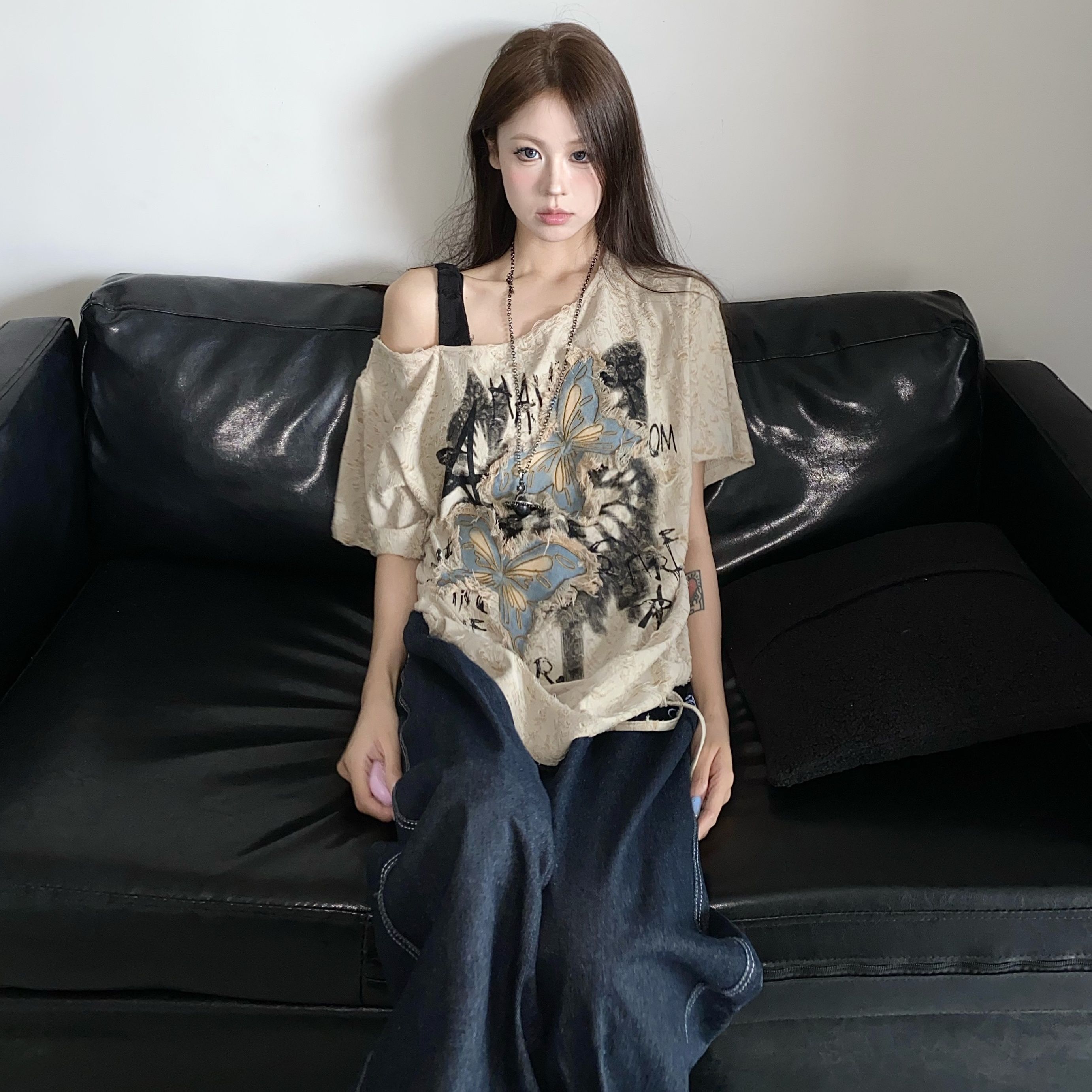 美式復古蝴蝶印花寬鬆長版T恤 個性設計感 休閒百搭上衣