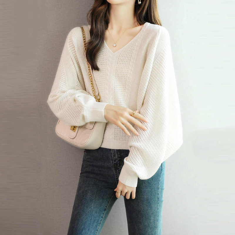 寬鬆蝙蝠袖洞洞毛衣 V 領鏤空針織上衣 韓系休閒
