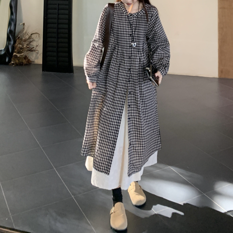 日系復古格紋襯衫洋裝 長袖寬鬆 可層次穿搭 慵懶風（嬌小友善）