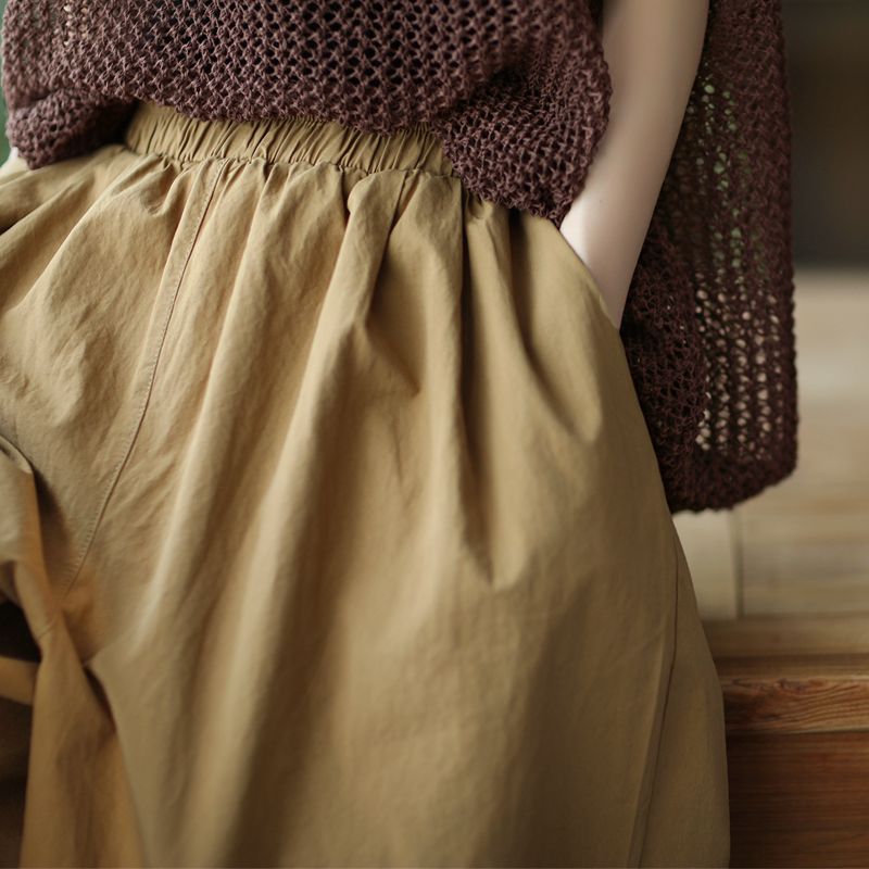 純棉寬版中長褲 鬆緊腰設計 文青休閒風