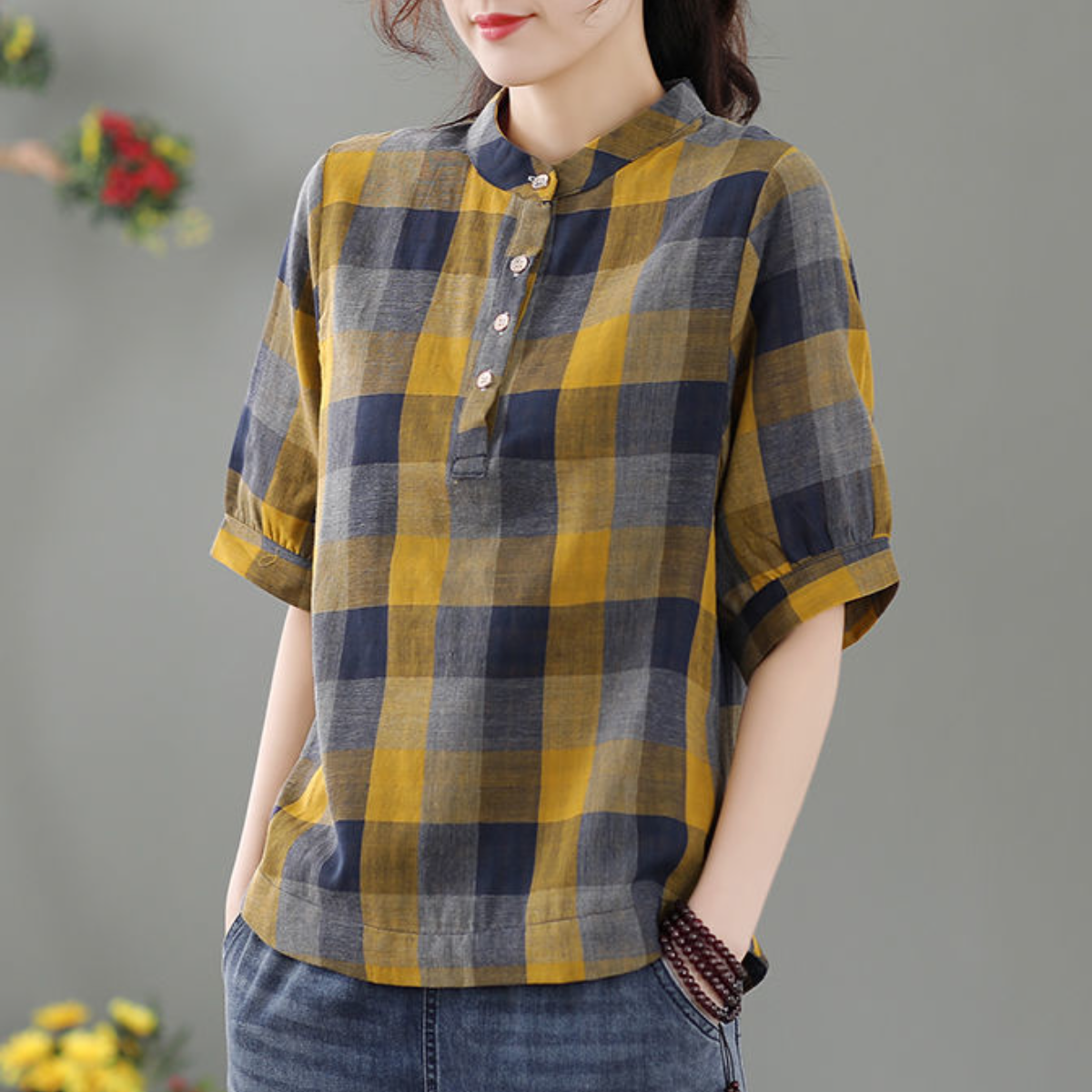 昭和風窗格紋棉麻罩衫 大尺碼衬衫上衣