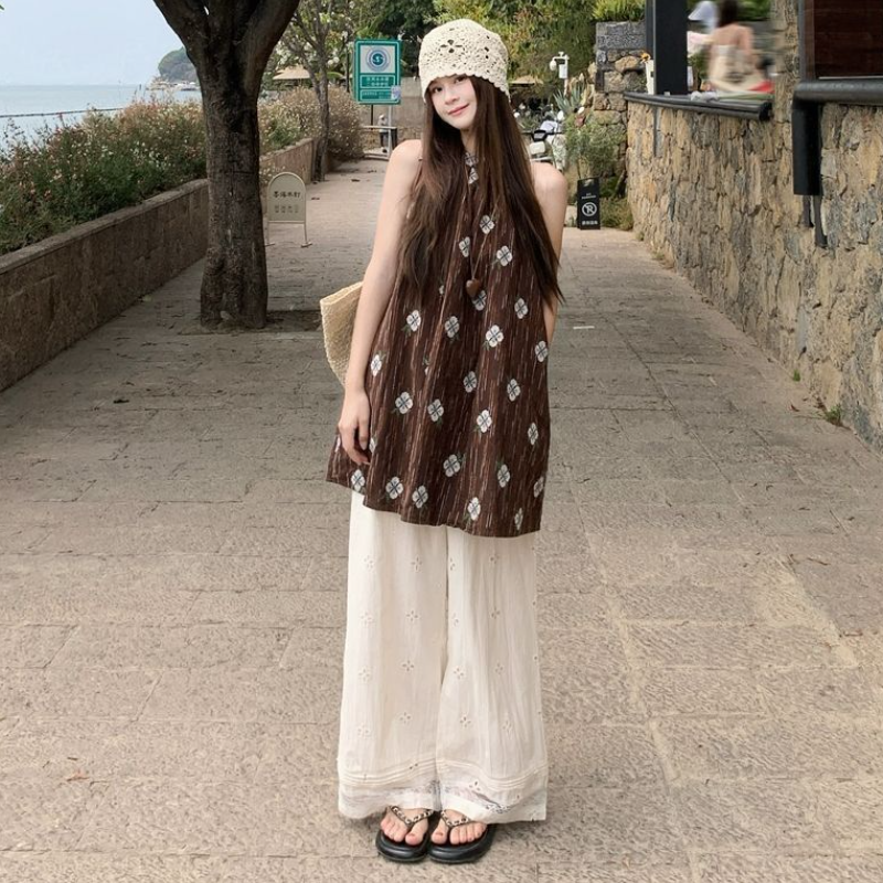 棕色印花無袖上衣 掛脖設計寬鬆剪裁 文青復古風