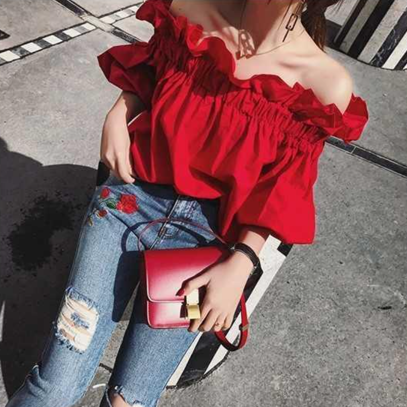 韓系浪漫一字領鬆緊紅色上衣 五分袖設計感襯衫 顯白亮紅鬆緊抓皺