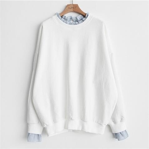 【春人気商品】【2色/M-2XL】薄款假兩件圓領白色TEE襯衫 韓版條紋寬鬆上衣