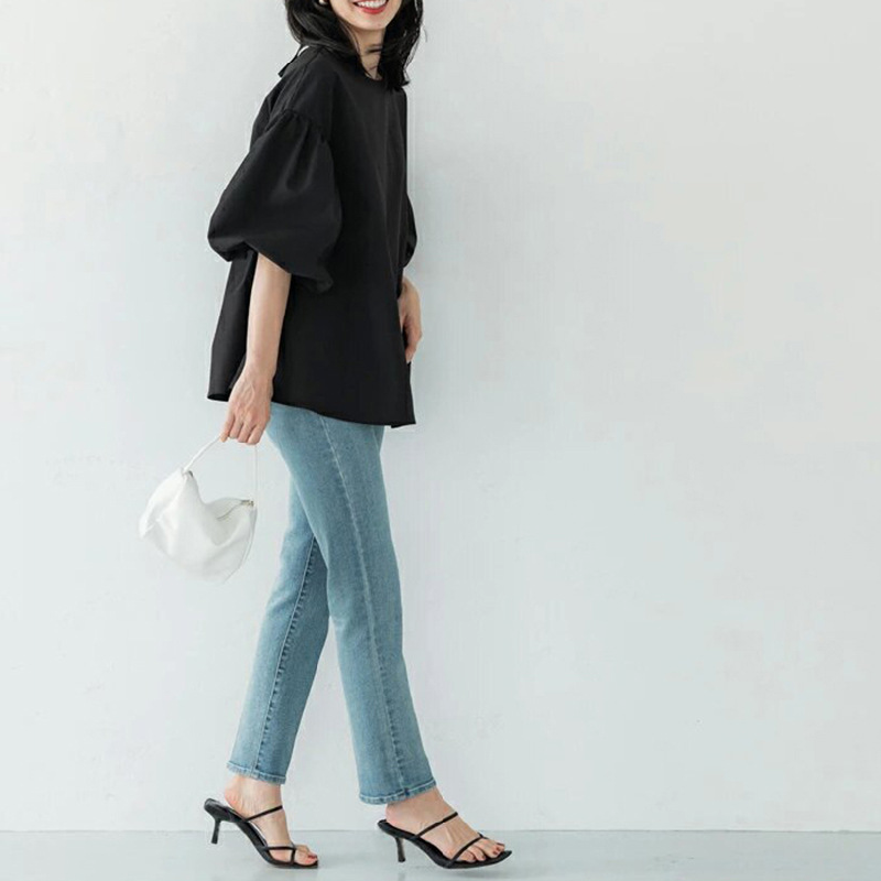 樂天新款 日韓寬鬆大版棉質襯衫 超大燈籠袖圓領五分袖上衣