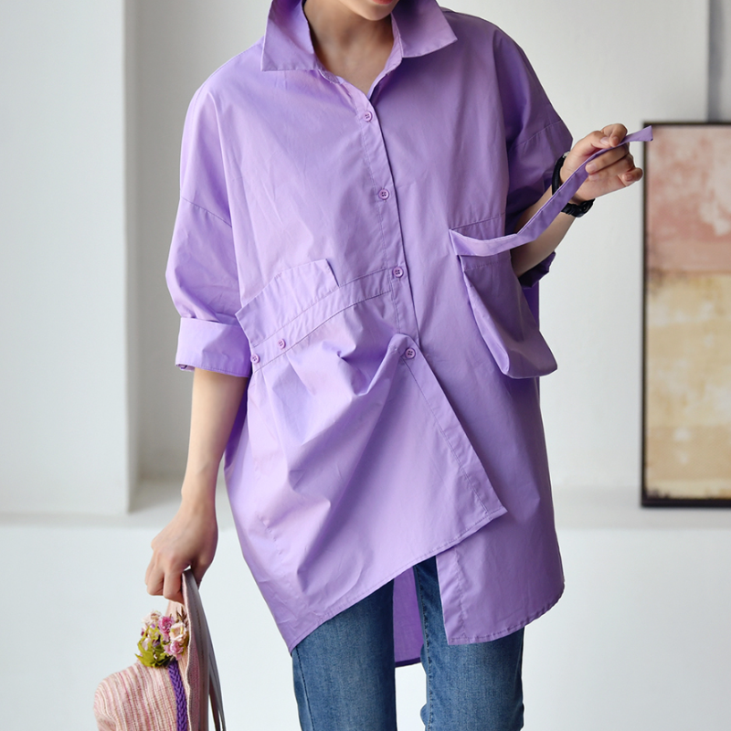 設計感長版襯衫 薰衣草紫 寬鬆顯瘦 前短後長 五分袖 大尺碼友善