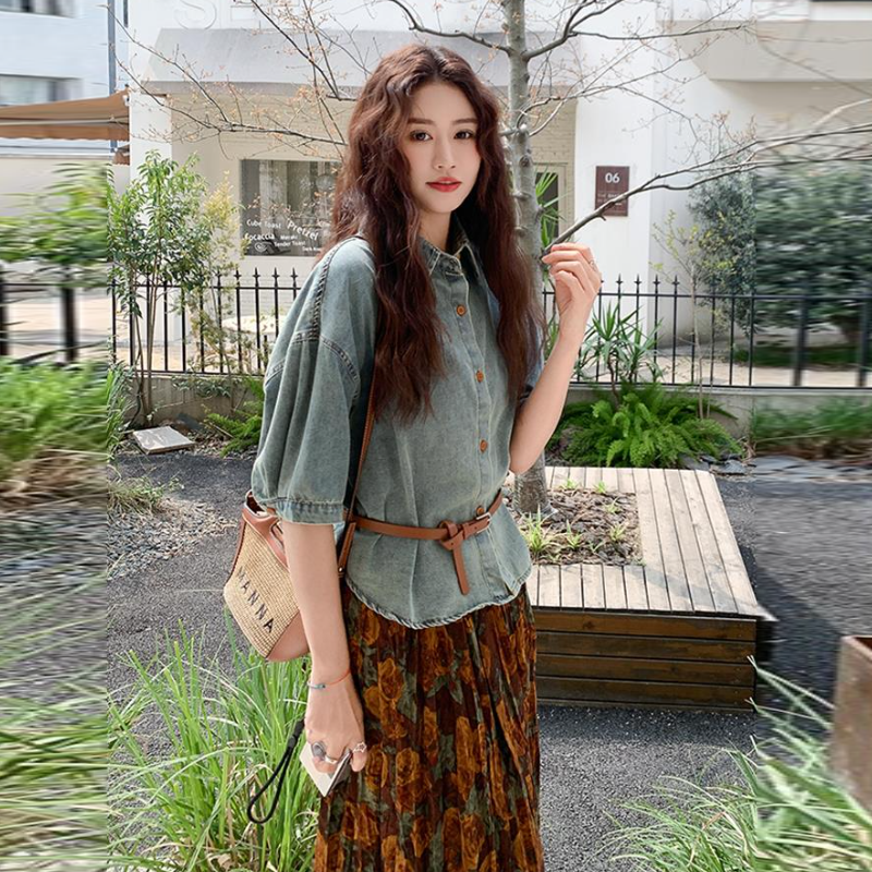 復古兩件式套裝 短袖牛仔襯衫＋碎花中長裙 成套穿搭
