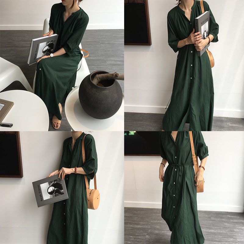 法式慵懶 古巴領五分袖連身裙 微透肌天絲棉長版罩衫 夏季冷氣房藏腰腹 獨家剪裁 早午餐微正式場合