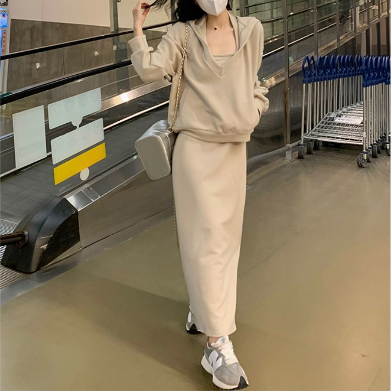 香草味的風 韓版連帽大學TEE套裝 性感吊帶連身裙兩件套