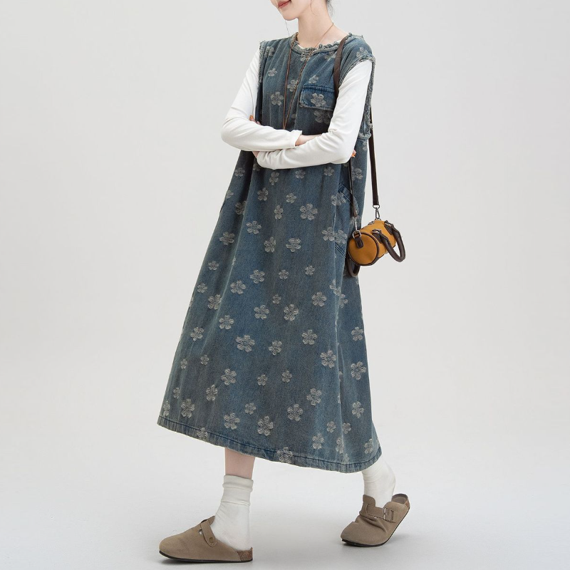 藍色丹寧碎花長版洋裝 韓系高質感 無袖背釦設計